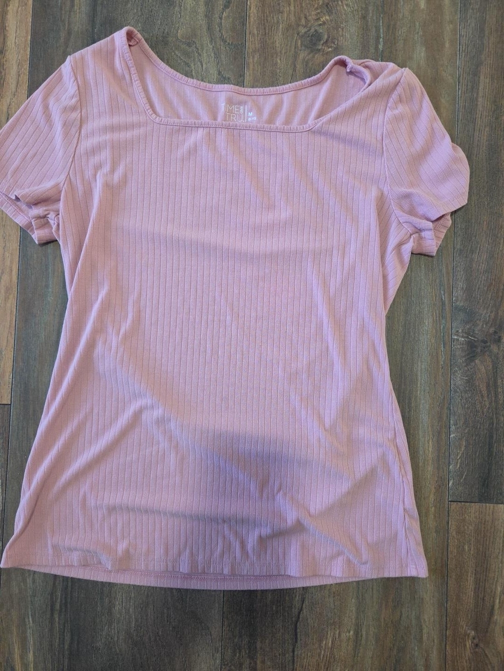 Time and Tru Womens Pink Ribbed Square Neck Short Sleeve Top M 8-10